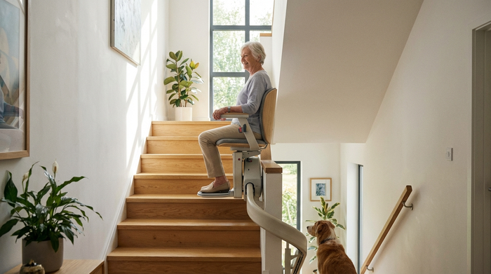 Ein moderner, unauffälliger Treppenlift in einem gepflegten, hellen Treppenhaus eines Einfamilienhauses. Eine ältere Dame fährt sicher und entspannt nach oben. Realistisches, freundliches Wohnambiente.