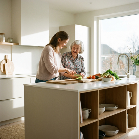 Eine fürsorgliche Pflegekraft hilft einer älteren Dame beim Schneiden von frischem Gemüse in einer sauberen, modernen Küche. Beide tragen bequeme Alltagskleidung und wirken entspannt. Helles Tageslicht, authentische Alltagssituation, realistisch.