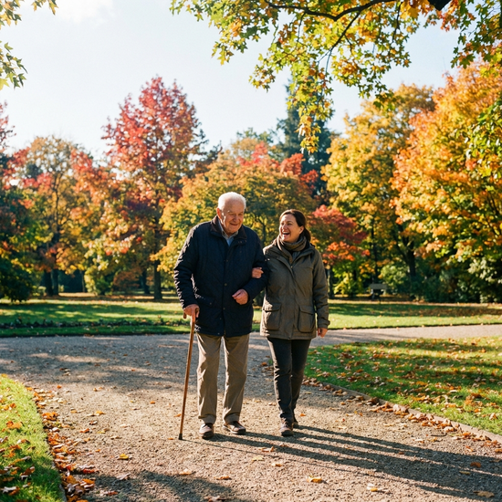 Ein Senior und eine Betreuerin spazieren an einem sonnigen Herbsttag durch einen gepflegten Park mit bunten Bäumen. Der Senior stützt sich leicht auf einen Gehstock. Friedliche Stimmung, klare Farben, fotorealistisch.
