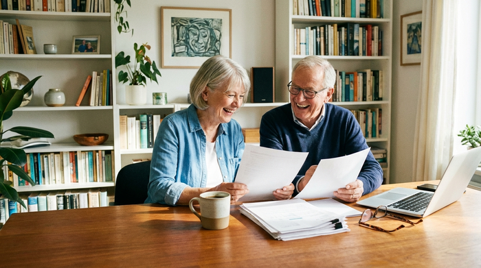 Ein älteres Ehepaar sitzt am Schreibtisch und bespricht gut gelaunt Dokumente. Eine Tasse Kaffee steht auf dem Tisch. Aufgeräumtes Arbeitszimmer, seriöse und beruhigende Atmosphäre, realistischer Fotostil.
