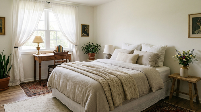 Ein gemütlich eingerichtetes, helles Gästezimmer mit einem komfortablen Bett, einem kleinen Schreibtisch und einem Fenster mit weißen Gardinen. Ein kleiner Blumenstrauß steht auf dem Nachttisch. Einladende und saubere Umgebung, realistisch.