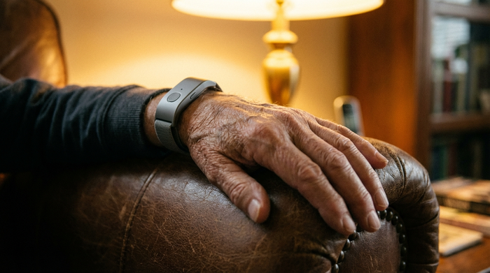 Ein moderner, unauffälliger Hausnotruf-Knopf wird am Handgelenk eines Seniors getragen, dessen Hand sanft auf einer Armlehne ruht. Warme, beruhigende Beleuchtung, Fokus auf das Handgelenk, realistisches und klares Bild.