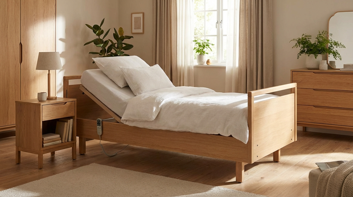 Ein modernes, elektrisch verstellbares Pflegebett in einem wohnlich eingerichteten Schlafzimmer mit Holzmöbeln und sanftem Sonnenlicht. Auf dem Bett liegen saubere, weiße Kissen. Keine medizinisch sterile Krankenhausatmosphäre, sondern ein gemütliches Zuhause ohne sichtbare Schriftzüge.