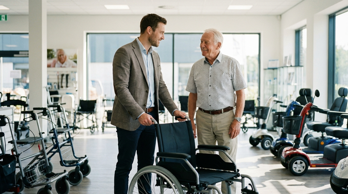 Ein freundlicher Berater in einem hellen, modernen Sanitätshaus zeigt einem älteren Herrn die Funktionen eines Rollstuhls. Im Hintergrund sind weitere Mobilitätshilfen dezent verschwommen erkennbar. Realistische, positive Beratungssituation in sauberer Umgebung.