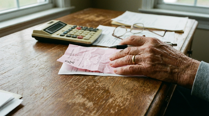 Ein hölzerner Schreibtisch, auf dem ein rosafarbenes ärztliches Rezept, ein Taschenrechner und eine Lesebrille liegen. Eine ältere Hand hält einen Stift und prüft die Dokumente. Klare, realistische Nahaufnahme, keine lesbaren Texte oder Diagramme.