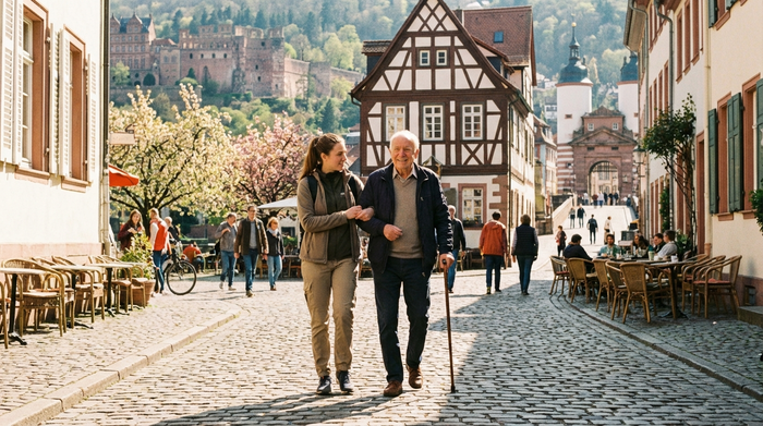 Eine junge, fürsorgliche Pflegekraft stützt einen lächelnden Senior beim Spaziergang durch eine gepflasterte Gasse in der Heidelberger Altstadt. Warme Frühlingssonne, historische Gebäude im Hintergrund, realistische Fotografie ohne Text.