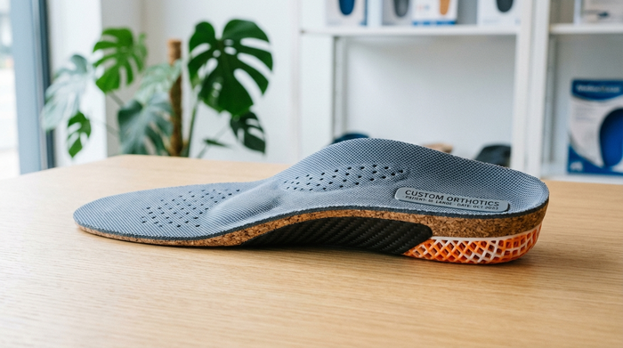 Eine detaillierte Nahaufnahme einer modernen, maßgefertigten orthopädischen Einlage aus atmungsaktivem Material, die auf einem hellen Holztisch in einem sauberen Sanitätshaus liegt. Im Hintergrund unscharf eine grüne Pflanze.