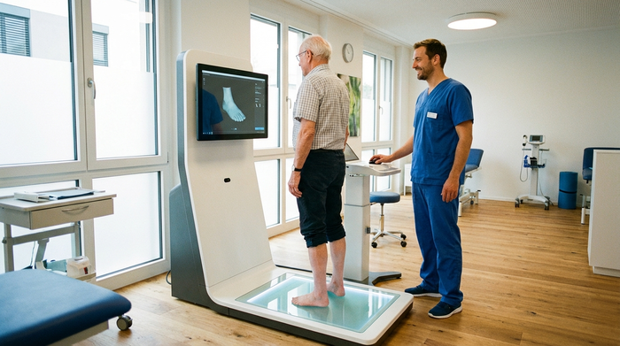 Ein freundlicher Orthopädietechniker in sauberer Berufskleidung bedient einen hochmodernen digitalen 3D-Fußscanner. Ein älterer Herr steht barfuß auf der beleuchteten Glasplatte des Scanners in einer hellen, modernen Praxis.