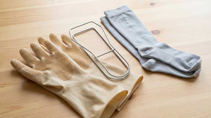 Spezielle Gummihandschuhe mit Noppenprofil und eine metallene Anziehhilfe für Kompressionsstrümpfe liegen ordentlich arrangiert auf einem hellen Holztisch neben einem Paar frisch gewaschener Strümpfe.