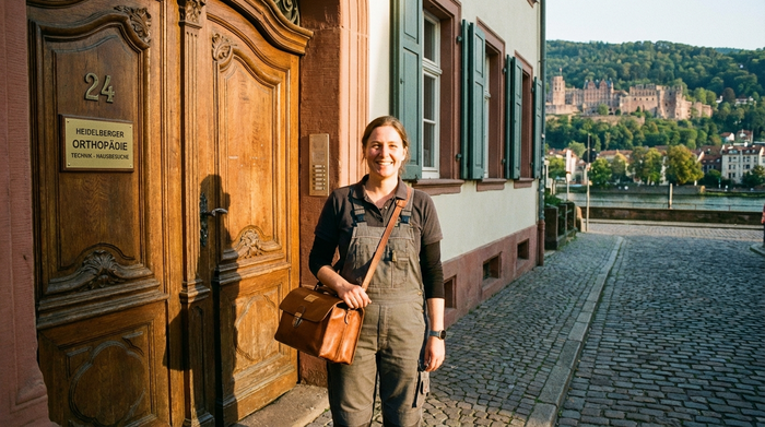 Ein Orthopädietechniker mit einer kleinen medizinischen Tasche steht lächelnd vor einer historischen Haustür in der Heidelberger Altstadt, bereit für einen Hausbesuch bei einem Patienten. Warmes Sonnenlicht beleuchtet die Szene.