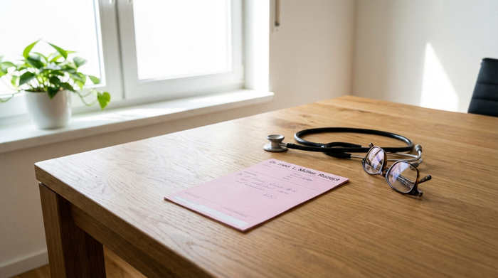 Ein rosa Rezeptformular liegt auf einem sauberen Holztisch neben einem Stethoskop und einer Lesebrille. Helles, natürliches Licht fällt durch ein Fenster und beleuchtet die harmonische Szene in einer modernen Arztpraxis.
