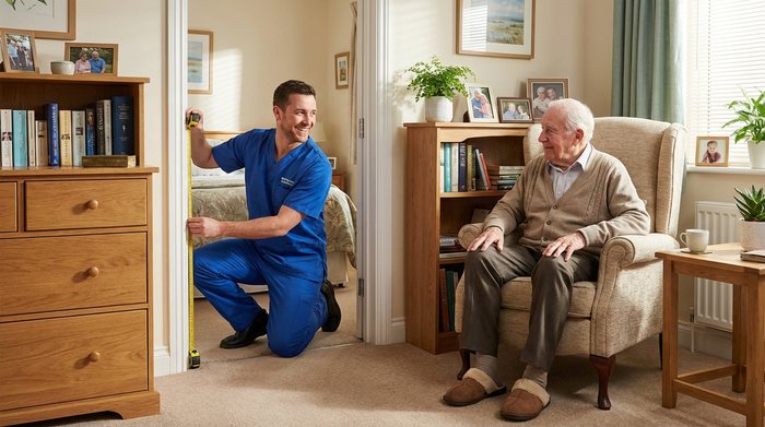 Ein freundlicher Sanitätshaus-Mitarbeiter in blauer Arbeitskleidung misst mit einem Maßband den Türrahmen im gemütlichen Schlafzimmer eines Senioren aus. Der ältere Herr schaut interessiert und entspannt zu.