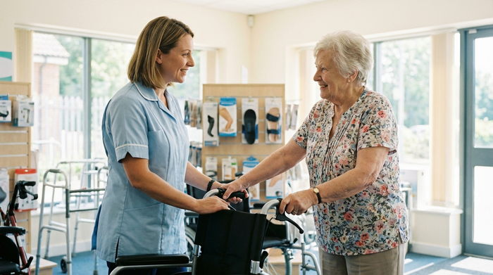 Eine geduldige Beraterin in einem hellen Sanitätshaus erklärt einer älteren Frau die Bremsfunktion eines modernen Rollstuhls. Beide Frauen lächeln sich an. Im Hintergrund sind unscharf weitere Reha-Produkte zu erkennen.