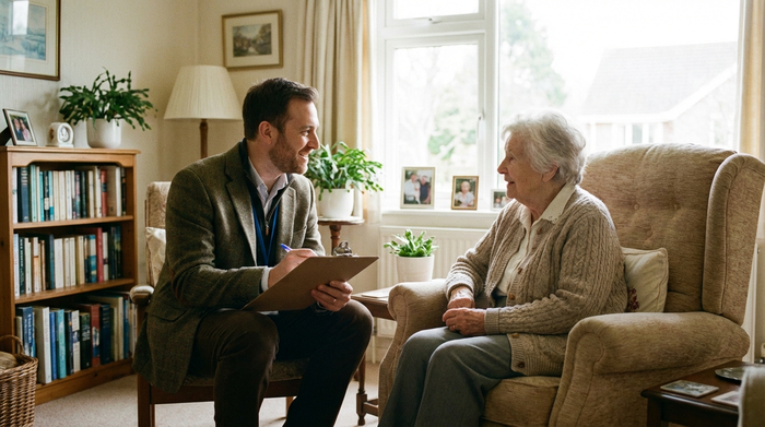 Ein empathischer Gutachter mit Klemmbrett sitzt im gemütlichen Wohnzimmer und unterhält sich wohlwollend mit einer älteren Dame im Sessel. Weiches Tageslicht, aufgeräumte Umgebung, fotorealistisch.