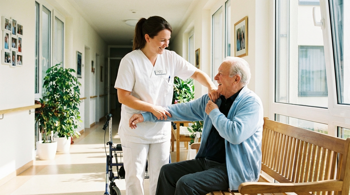 Eine aufmerksame Pflegekraft in weißer Kleidung hilft einem fröhlichen Senior beim Anziehen einer leichten Jacke im hellen Flur. Sauber, professionell, realistische Alltagssituation.