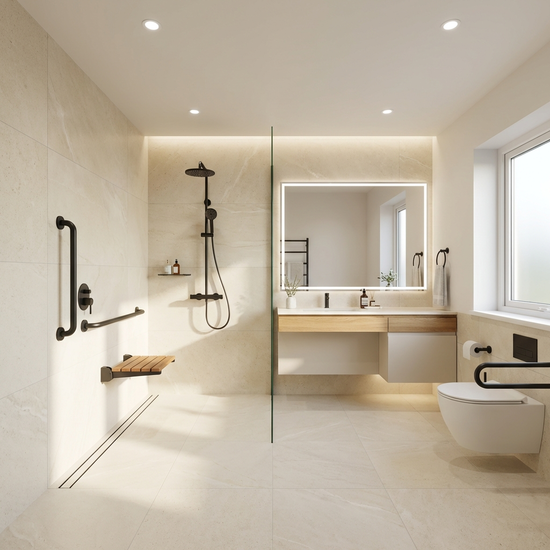 Ein modernes, helles und barrierefreies Badezimmer mit einer großzügigen, bodengleichen Dusche und eleganten Haltegriffen. Sauber, stilvoll, gut beleuchtet, keine Personen.