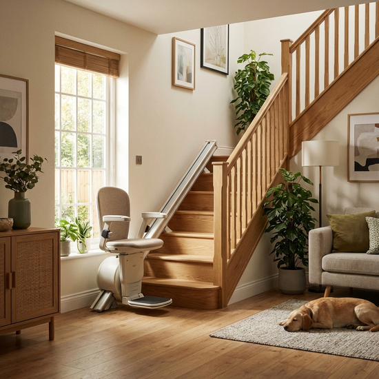 Ein eleganter Treppenlift an einer Holztreppe in einem gepflegten Einfamilienhaus. Helles Tageslicht fällt durch ein Fenster, einladende und sichere Wohnatmosphäre.