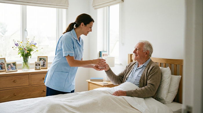 Eine empathische Pflegekraft reicht einem älteren Herrn ein Glas Wasser. Helles, aufgeräumtes Schlafzimmer, liebevolle Geste, realistische Pflegesituation ohne Text.