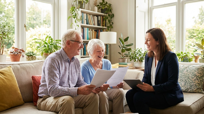 Ein älteres Ehepaar sitzt mit einer Beraterin auf dem Sofa und bespricht Dokumente. Entspannte, positive Stimmung, helles Wohnzimmer, keine lesbaren Texte.