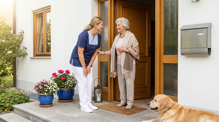 Eine Pflegedienstleiterin im Gespräch mit einer Seniorin an der Haustür. Freundliches Lächeln, vertrauensvoller Blickkontakt, gepflegter Eingangsbereich eines Hauses.