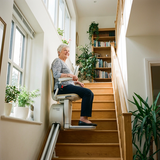 Eine ältere Frau fährt sicher mit einem modernen Treppenlift eine Holztreppe hinauf. Helles Treppenhaus, zufriedener Gesichtsausdruck, sicheres Wohnumfeld.
