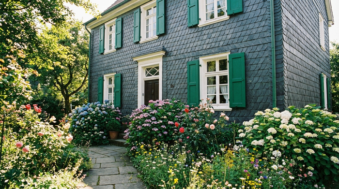 Ein älteres, charmantes Haus in Solingen mit typisch bergischen Schieferfassaden und grünen Fensterläden an einem sonnigen Tag. Ein gepflegter Vorgarten mit blühenden Blumen. Realistische Architekturfotografie ohne Text.