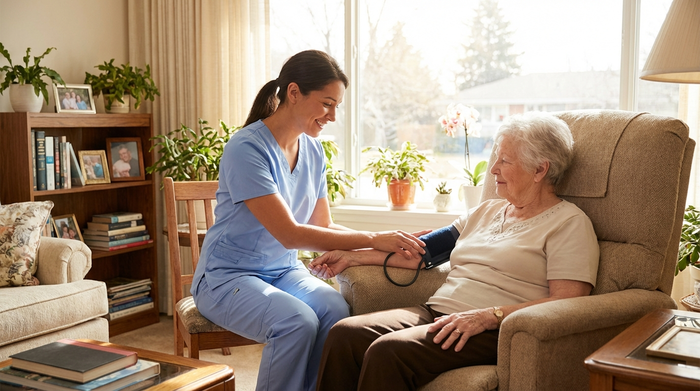 Eine examinierte Pflegekraft in sauberer, hellblauer Dienstkleidung misst sanft den Blutdruck einer älteren Dame, die entspannt auf einem bequemen Sessel im Wohnzimmer sitzt. Helles Sonnenlicht fällt durch das Fenster.