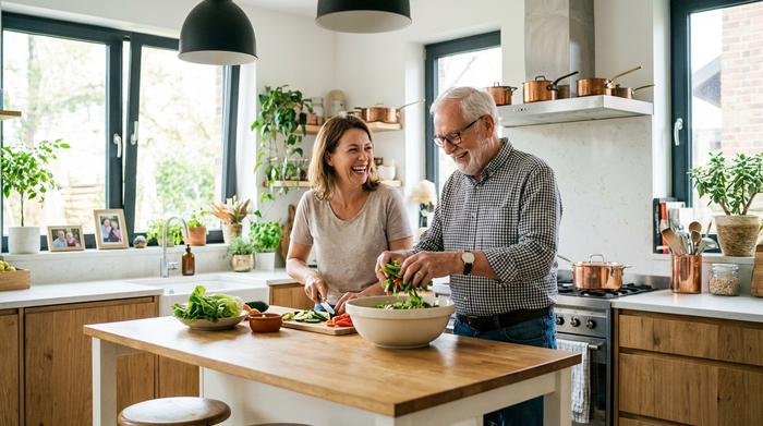 Eine engagierte Betreuungskraft und ein älterer Herr bereiten gemeinsam in einer modernen, hellen Küche einen frischen Salat zu. Beide lachen und wirken vertraut miteinander. Warmes, häusliches Umfeld.