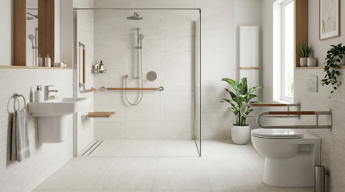 Ein modern umgebautes, barrierefreies Badezimmer für Senioren mit einer geräumigen, bodengleichen Dusche, eleganten Haltegriffen an der Wand und hellen, rutschfesten Fliesen. Sauber, sicher und stilvoll eingerichtet.