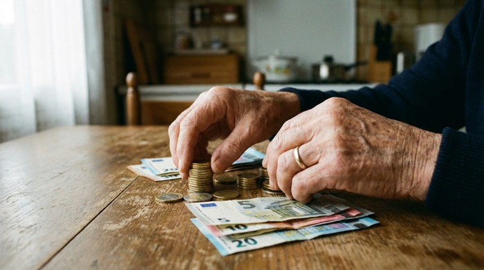Eine detaillierte Nahaufnahme von älteren Händen, die sorgfältig Münzen und Geldscheine auf einem Holztisch stapeln. Weiches, natürliches Licht, fokussiert auf die Hände und das Geld, unscharfer Hintergrund.