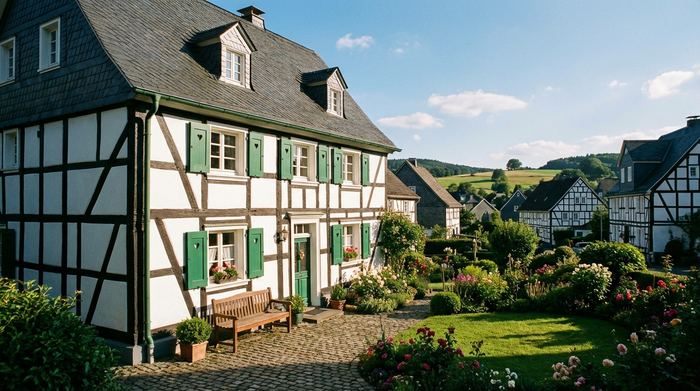 Ein traditionelles Fachwerkhaus im Bergischen Land mit grünen Fensterläden und einem gepflegten Vorgarten an einem sonnigen Tag. Blauer Himmel, idyllische und ruhige Wohngegend, fotorealistisch.