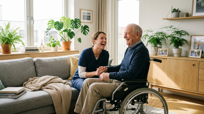 Eine engagierte Pflegekraft lacht gemeinsam mit einem älteren Herrn im Rollstuhl in einem gemütlichen, modernen Wohnzimmer. Helle Einrichtung, Zimmerpflanzen, warme und herzliche Stimmung, authentische Szene.