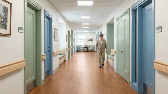 Ein speziell gestalteter Flur in einer Demenz-Einrichtung. Farbige Türen in sanften Grün- und Blautönen, ein heller Handlauf aus Holz, keine Sackgassen, sondern ein offener Rundweg. Ein älterer Herr spaziert ruhig den Gang entlang.