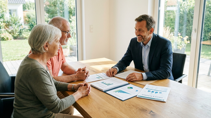 Ein seriöser Berater sitzt mit einem älteren Ehepaar an einem Holztisch. Auf dem Tisch liegen übersichtliche Dokumente. Der Berater erklärt ruhig und freundlich die Details. Helles Büro, entspannte und vertrauensvolle Atmosphäre.
