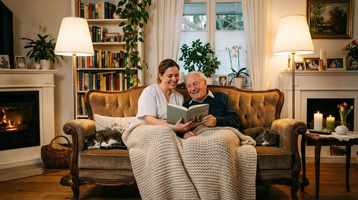 Ein gemütliches Wohnzimmer in einem Privathaus. Eine freundliche Betreuungskraft liest gemeinsam mit einem älteren Herrn ein Buch auf dem Sofa. Warme Beleuchtung, familiäre und geborgene Stimmung, liebevolle Interaktion.