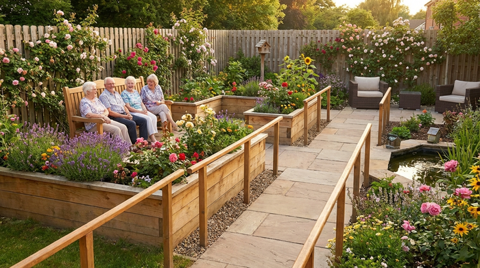 Ein idyllischer, umzäunter Garten einer Pflegeeinrichtung. Hochbeete mit bunten Blumen, sichere Gehwege ohne Stolperfallen. Eine kleine Gruppe von Senioren sitzt entspannt auf einer Holzbank in der Nachmittagssonne.