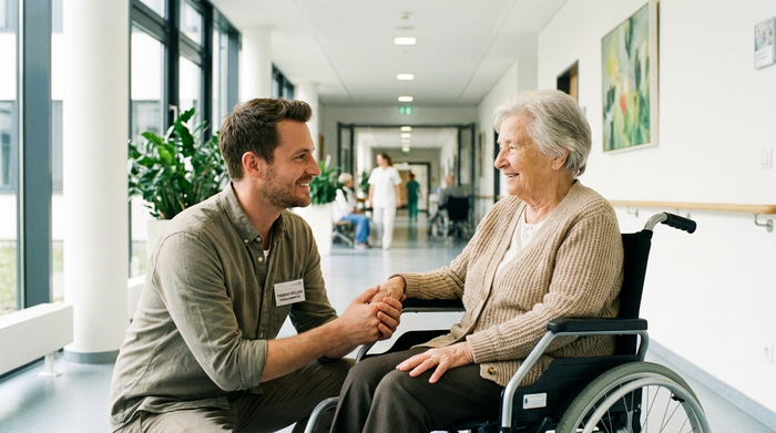 Ein freundlicher Sozialarbeiter im Krankenhaus spricht beruhigend mit einer älteren Patientin im Rollstuhl auf einem hellen, sauberen Klinikflur. Realistische Szene mit viel Empathie, ohne Text.