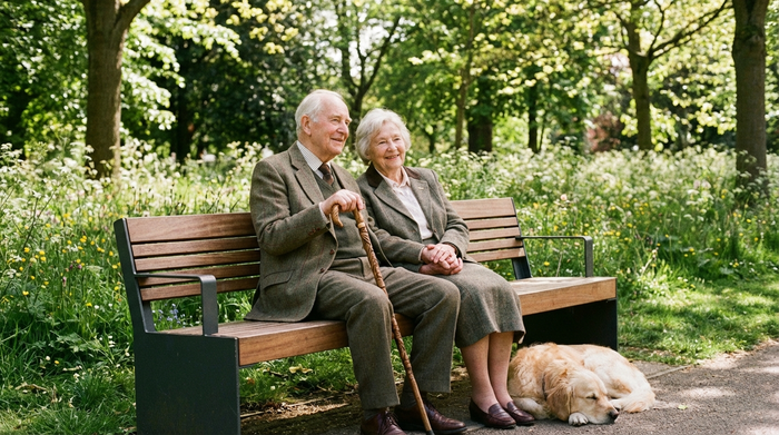 Ein älteres Ehepaar sitzt entspannt auf einer modernen Parkbank im Grünen. Der Mann stützt sich auf einen Gehstock, beide lächeln zufrieden. Warme, sonnige Atmosphäre, klare Details.