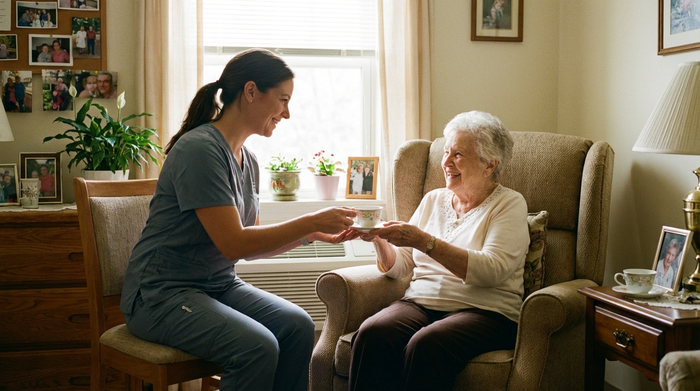 Eine engagierte Pflegekraft reicht einer lächelnden Seniorin in einem hellen, freundlichen Pflegeheimzimmer eine Tasse Tee. Gemütliche Einrichtung mit persönlichen Fotos im Hintergrund, realistische Beleuchtung.