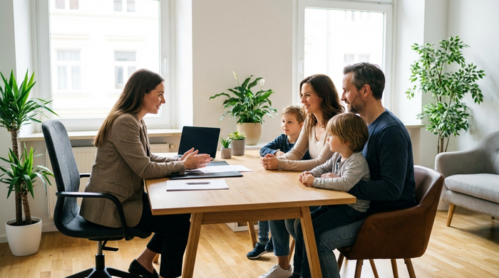 Eine professionelle Beraterin sitzt mit einer Familie an einem aufgeräumten Schreibtisch in einem hellen Büro und erklärt geduldig die nächsten Schritte. Entspannte, vertrauensvolle Stimmung, keine sichtbaren Schriften.