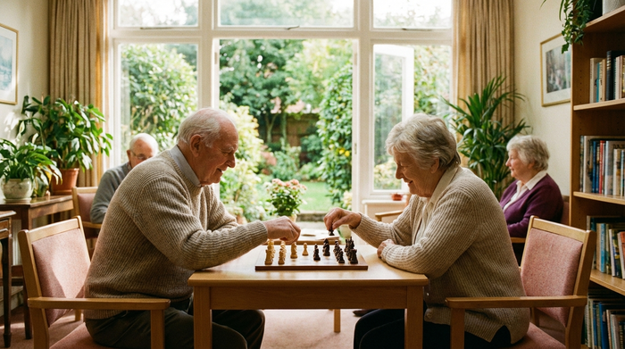 Zwei Senioren spielen konzentriert aber freudig Schach in einem hellen, freundlichen Gemeinschaftsraum. Im Hintergrund große Fenster mit Blick auf einen grünen Garten. Realistische, warme Lichtstimmung.