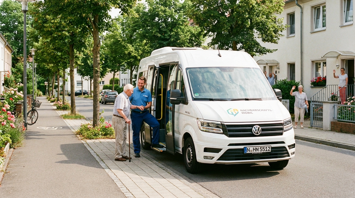 Ein moderner, weißer Kleinbus steht an einer gepflegten Straße in einem Wohngebiet. Ein freundlicher Fahrer hilft einem älteren Herrn behutsam beim Einstieg. Sonniges Wetter, saubere und sichere Umgebung.