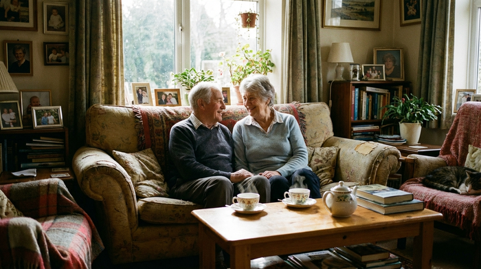 Ein älteres Ehepaar sitzt entspannt auf einem bequemen Sofa im heimischen Wohnzimmer und schaut sich lächelnd an. Auf dem Couchtisch stehen zwei Teetassen. Entspannte, sorgenfreie Stimmung.