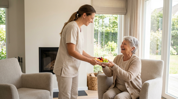 Eine professionelle Pflegekraft in heller Kleidung reicht einer lächelnden Seniorin einen Teller mit frischem Obst. Im Hintergrund ist ein moderner, gemütlicher Ruheraum mit bequemen Sesseln erkennbar.