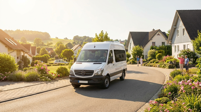 Ein moderner, weißer Kleinbus für den Seniorentransport fährt durch eine malerische, leicht hügelige Straße in einem gepflegten Wohnviertel. Sonniges Wetter, klare Sicht ohne störenden Text.