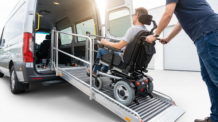 Ein Rollstuhl wird über eine sichere, flache Auffahrrampe in einen geräumigen Transporter geschoben. Fokus auf die sichere Befestigung und Barrierefreiheit, helle und saubere Umgebung.