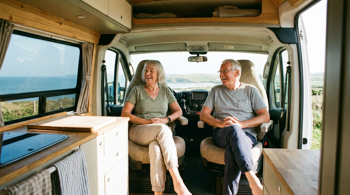 Zwei ältere Menschen sitzen entspannt und glücklich in einem komfortablen Fahrzeug und schauen lächelnd aus dem Fenster. Gepflegter Innenraum eines Kleinbusses, warmes Licht.