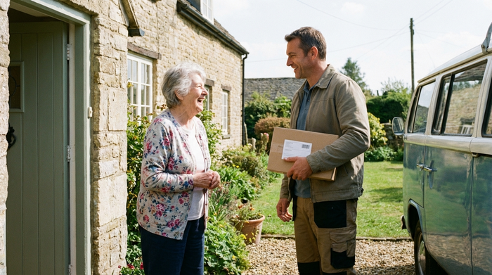 Eine ältere Dame und ein freundlicher Fahrer unterhalten sich entspannt an einer Haustür. Der Fahrer trägt eine dezente Alltagskleidung. Vertrauensvolle, ruhige und positive Stimmung.