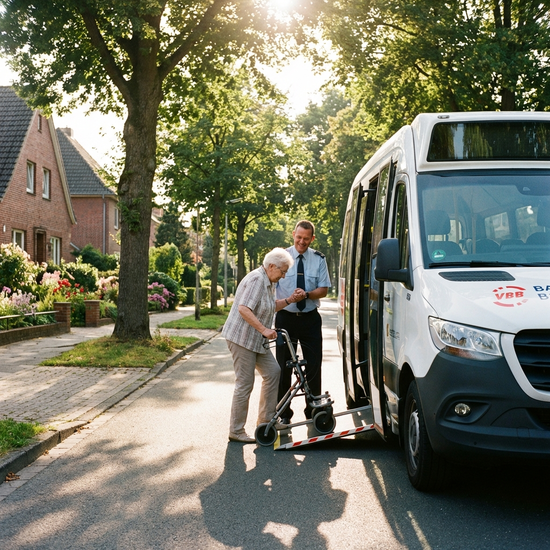 Ein freundlicher Fahrer hilft einer älteren Dame mit Rollator behutsam beim Einstieg in einen modernen, weißen Kleinbus. Strahlender Sonnenschein, gepflegte Wohnstraße mit alten Bäumen, fotorealistisch.