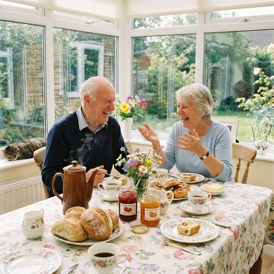 Ein liebevoll gedeckter Frühstückstisch mit frischen Brötchen, Marmelade und dampfendem Kaffee. Zwei Senioren unterhalten sich angeregt und lachen. Helles Licht, gemütliches Ambiente.